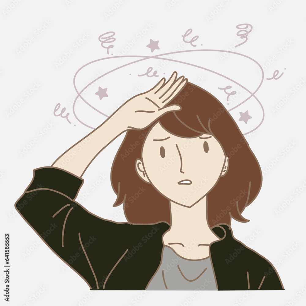 Unhealthy woman raising hand, touching head, having dizzy symptom, feeling vertigo. Hand drawn flat cartoon character vector illustration. Unhealthy woman raising hand, touching head, having dizzy symptom, feeling vertigo. Hand drawn flat cartoon character vector illustration.