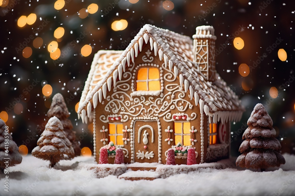 beautiful handmade gingerbread house for Christmas and New Year, dark backround, selective focus