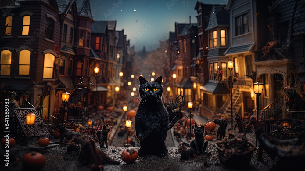 black cat on night halloween, generative ai