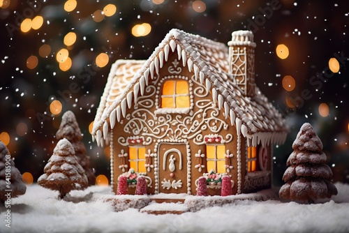 beautiful handmade gingerbread house for Christmas and New Year, dark backround, selective focus