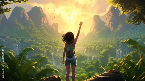 Female hiker, full body, view from behind, standing in the jungle with raised arms, hands clenched into fist