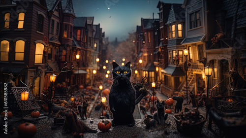 black cat on night halloween, generative ai