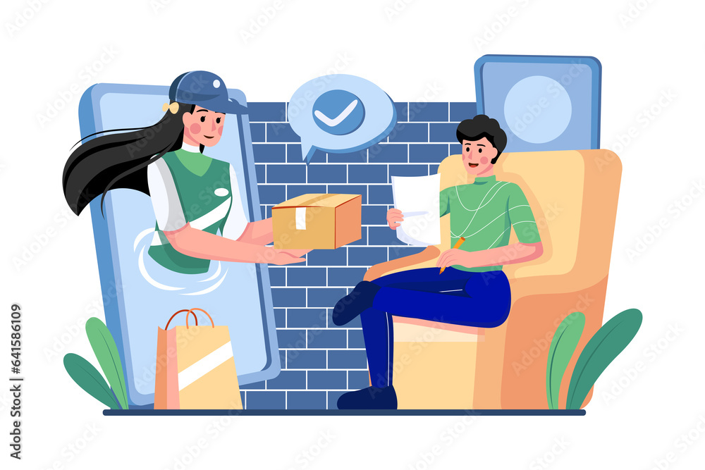 Women receive a package appear from screen phone by courier at home Women receive a package appear from screen phone by courier at home