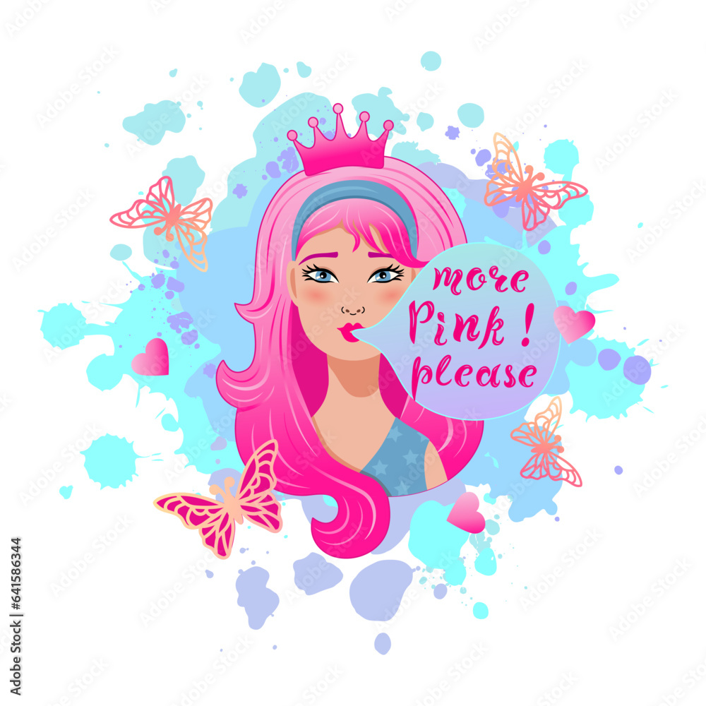 Pretty cartoon girl with pink hair, crown and chewing gum. More Pink please! Pink aesthetic. Vector illustration. Pretty cartoon girl with pink hair, crown and chewing gum. More Pink please! Pink aesthetic. Vector illustration.
