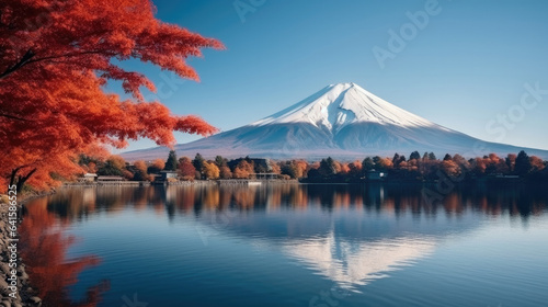 Colorful Autumn Season and Mountain Fuji with morning fog and red leaves at lake Kawaguchiko is one of the best places in Japan © Sasint
