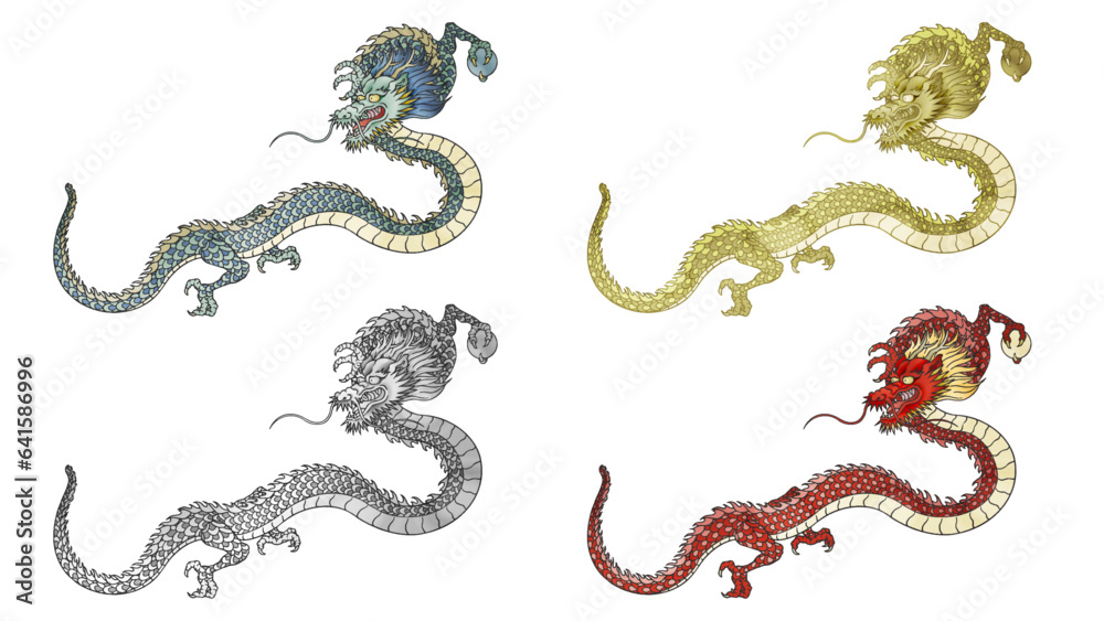 Fototapeta premium 東洋の龍。ベクターイラストセット。 Oriental dragons. Vector illustration set.