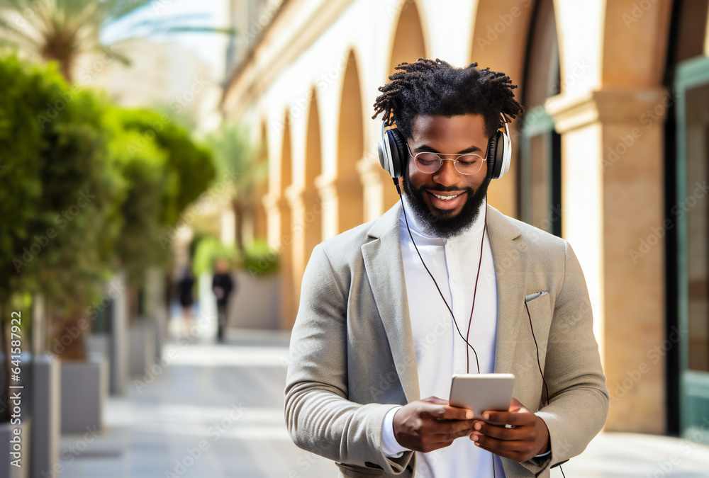 Obraz premium Young man with headphones outside in the city