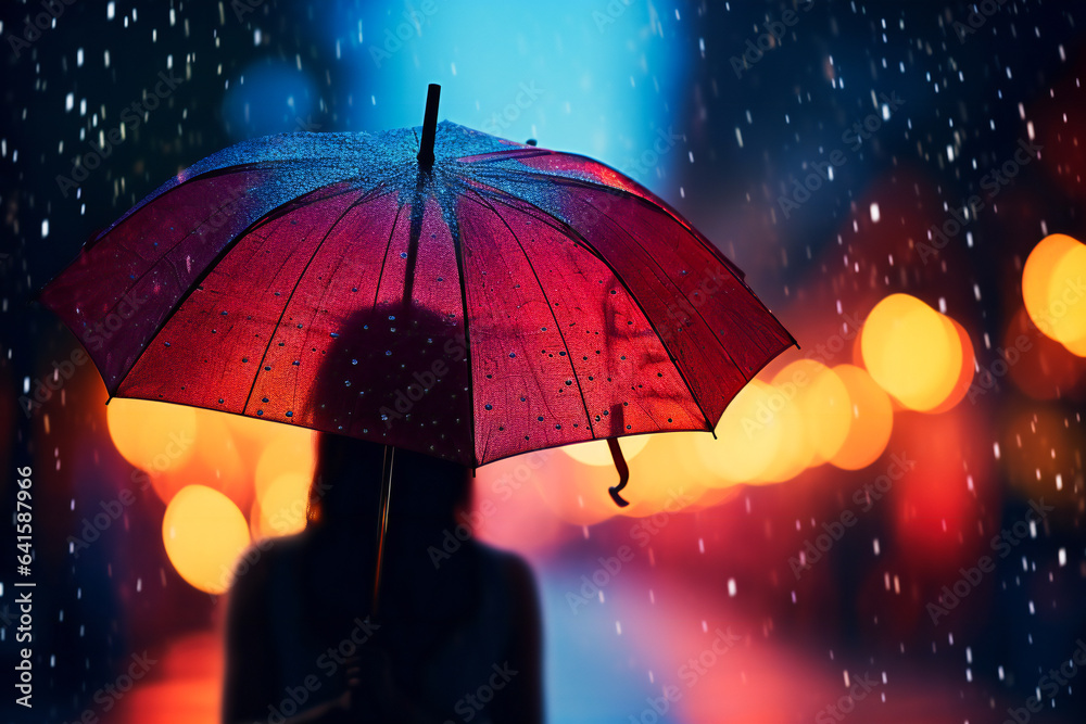Girl silhouette under the rain in the night, with a red umbrella