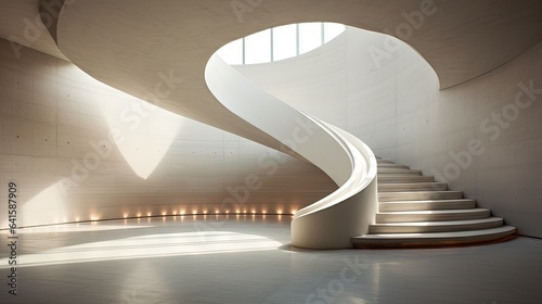  a spiral staircase in a white building with a circular window. generative ai