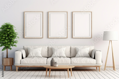 Beige sofa near white wall with three mock up poster frames. Mid century interior design of modern living room.