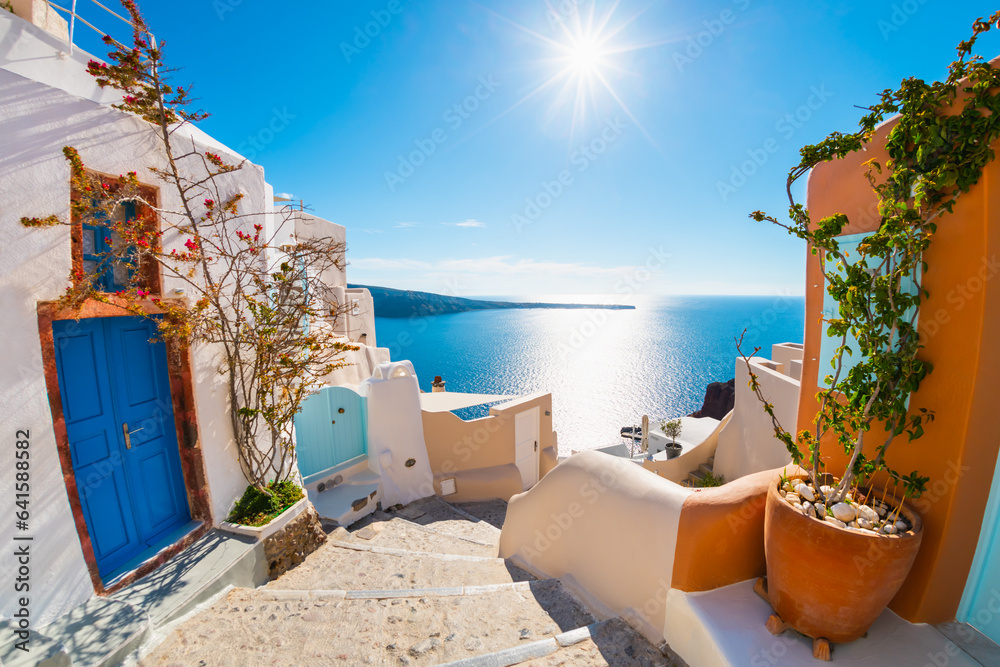 Colorful architecture in Santorini island, Greece. Famous travel destination