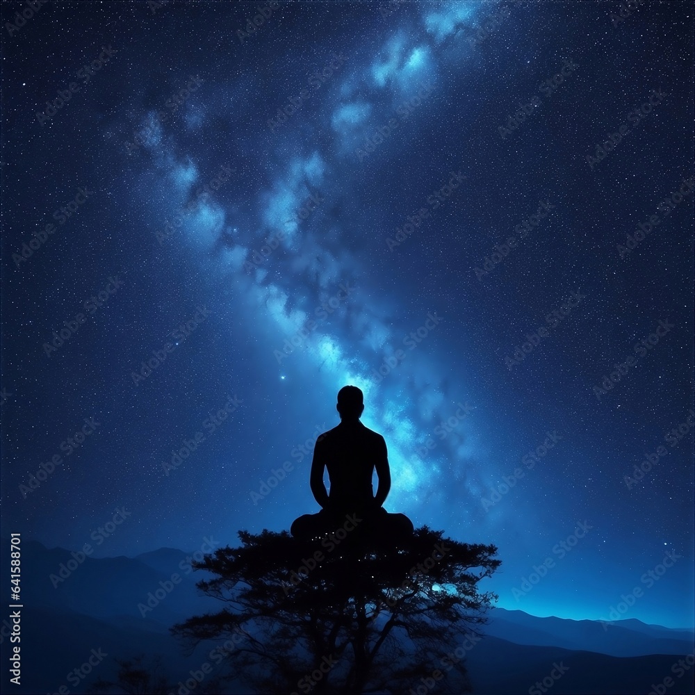 Fototapeta premium Silhouette of a person meditating at night 