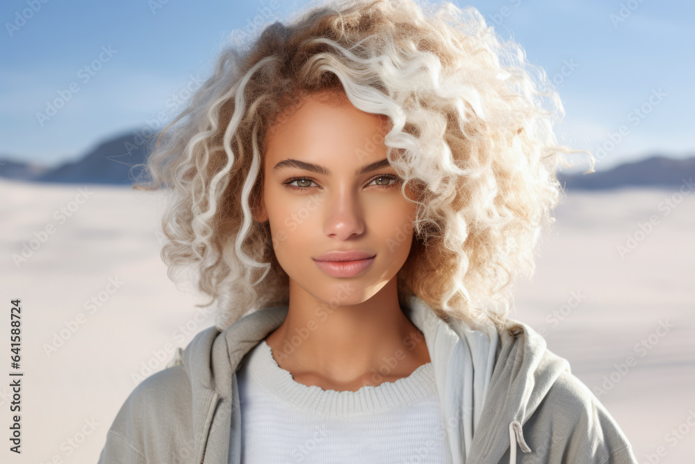 Multicultural young woman with curly white hair Multicultural young woman with curly white hair