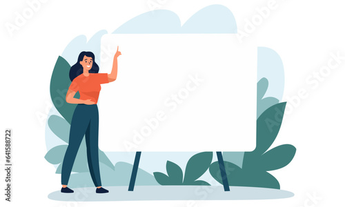 Flat vector illustration. Girl standing in front of a large banner and giving a presentation. There is space for your text on the banner. . Vector illustration © Alena