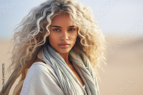 Multicultural young woman with curly white hair