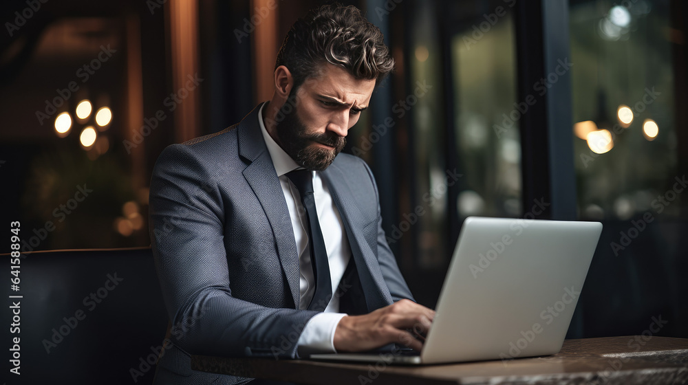 Businessman working in laptop looking serious