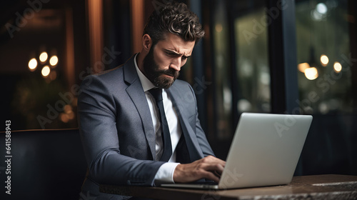 Businessman working in laptop looking serious