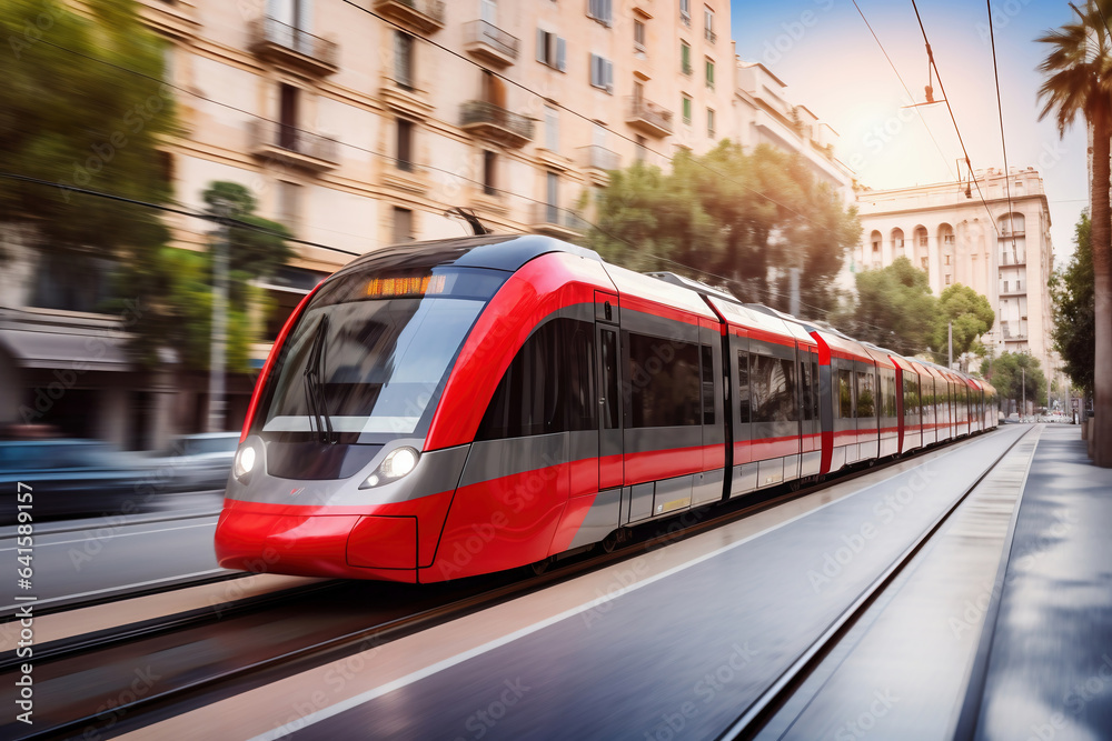 Naklejka premium A red train traveling down tracks next to tall buildings.