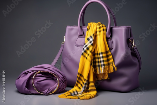 Women's bag and neckerchief. Fashionable women's things and accessories. Stylish purple women's bag and yellow cravats. Elegant women's clothes.