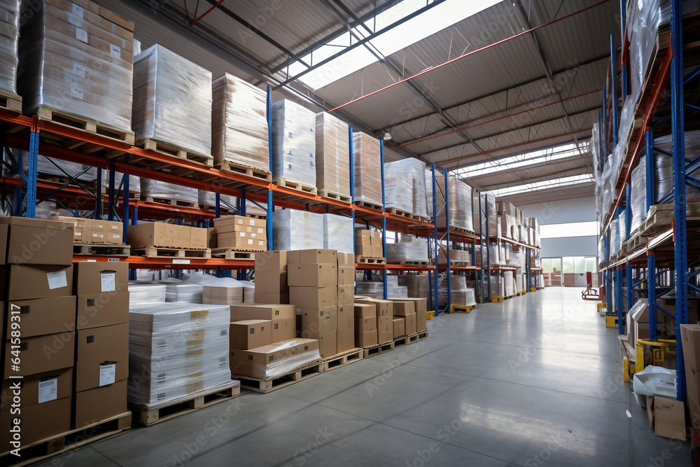 A huge warehouse filled with neatly stacked boxes. Interior of a modern warehouse. Large space for storing and moving goods. logistics. Trade in the modern world. A huge warehouse filled with neatly stacked boxes. Interior of a modern warehouse. Large space for storing and moving goods. logistics. Trade in the modern world.