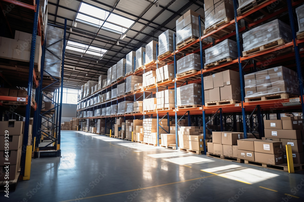 A large warehouse filled with neatly stacked boxes. Selective focus. Large space for storing and moving goods. Logistics. Trade in the modern world. A large warehouse filled with neatly stacked boxes. Selective focus. Large space for storing and moving goods. Logistics. Trade in the modern world.