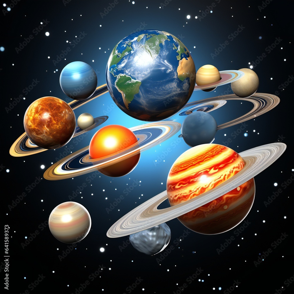 Naklejka premium Colorful solar system with planets . Galaxy discovery and exploration. Realistic planetary system with satellites in deep space illustration. Astronomy science banner.