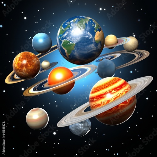 Colorful solar system with planets . Galaxy discovery and exploration. Realistic planetary system with satellites in deep space illustration. Astronomy science banner.