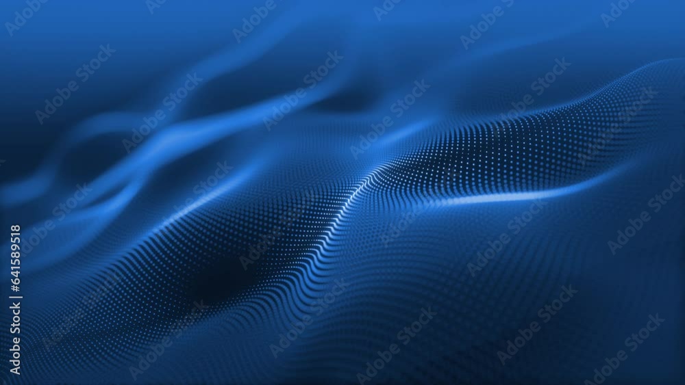 Particles blue wave Cyber technology background loop. Abstract seamless animation of mesh glowing dots digital luxurious wave particles flows background, Motion of digital data flow.