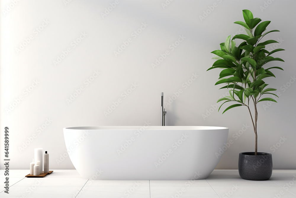 Fototapeta premium Minimalist interior design of modern bathroom with white bath tub and greenery.