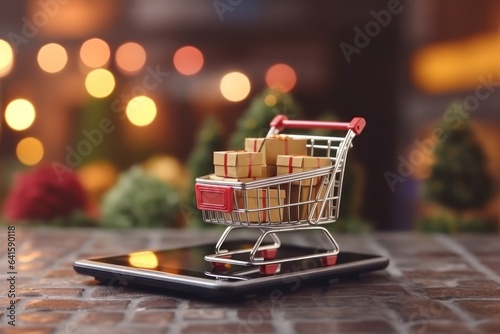 Online shopping on Mobile concept Smartphone and shopping cart Generative AI.
