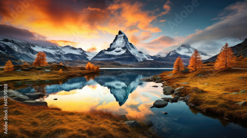 Fantastic evening panorama of Bachalp lake / Bachalpsee, Switzerland. Picturesque autumn sunset in Swiss alps, Grindelwald, Bernese Oberland, Europe. Beauty of nature concept background.