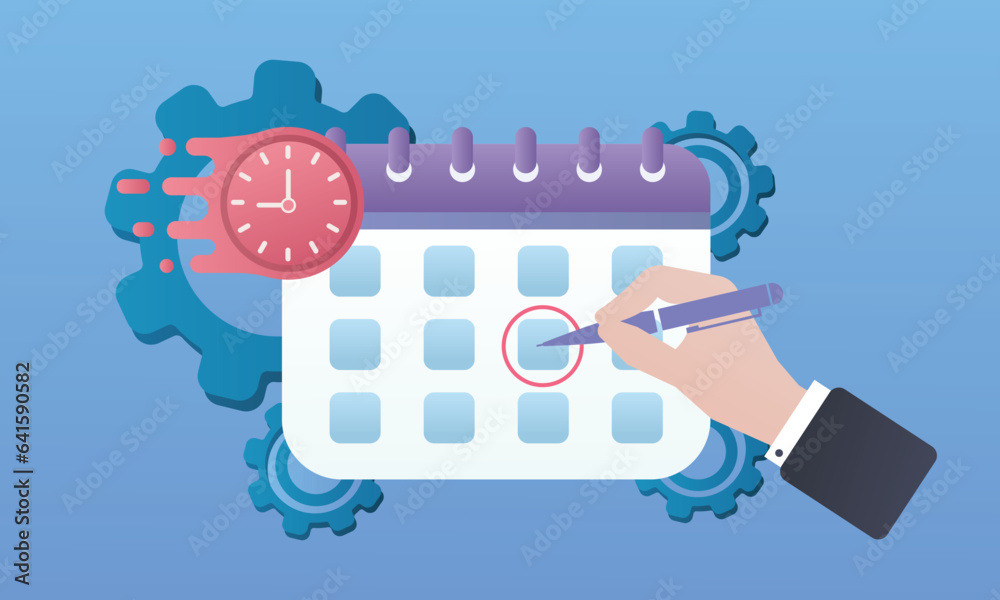 The hand puts a mark on the calendar.on blue background.Vector Design Illustration. The hand puts a mark on the calendar.on blue background.Vector Design Illustration.