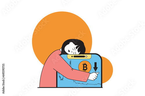 Cryptocurrency marketplace concept with people scene in flat web design. Woman making risk investments in crypto and losing money. Vector illustration for social media banner, marketing material.
