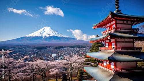 Landmark of japan Chureito red Pagoda and Mt. Fuji in Fujiyoshida, Japan photo