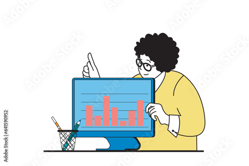 Data analysis concept with people scene in flat web design. Woman analyzing data graphs and working with statistics at computer screen. Vector illustration for social media banner, marketing material.