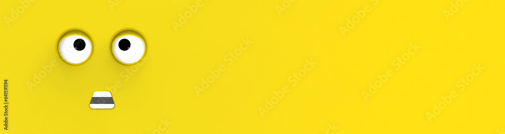 Yellow face of cute character. Cute face. stupid face. emotion surprise. Horizontal image. Surprised face. 3D image. 3D rendering. Yellow face of cute character. Cute face. stupid face. emotion surprise. Horizontal image. Surprised face. 3D image. 3D rendering.