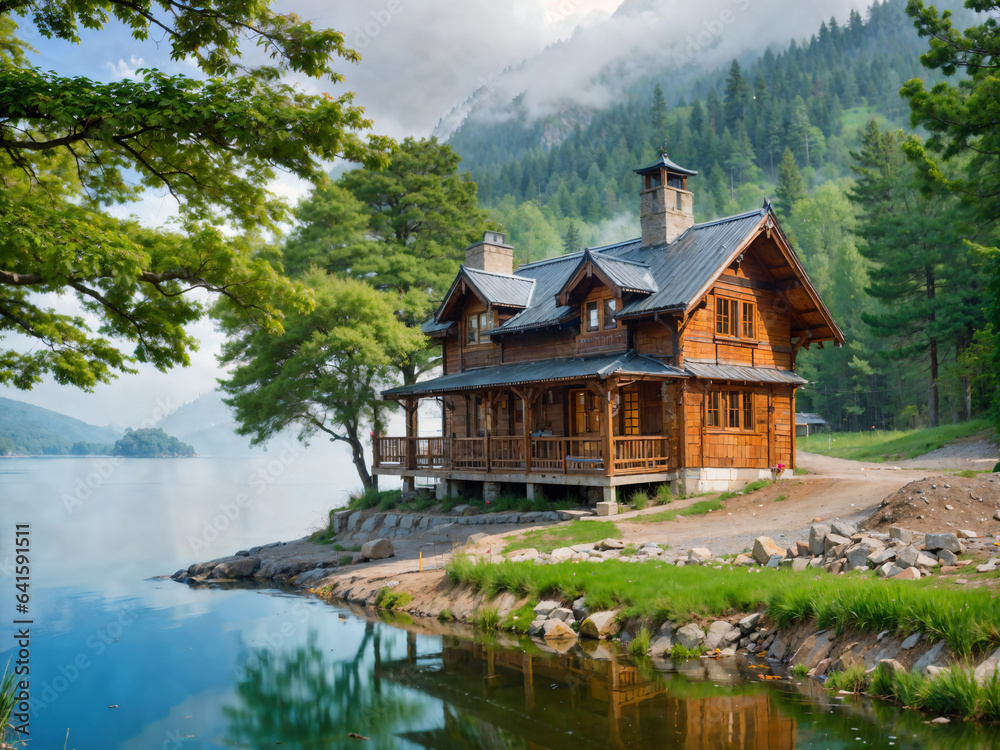 AI Generated/ A wooden two-story house with a terrace standing on the shore of the lake among the forest against the backdrop of mountains covered with forest
