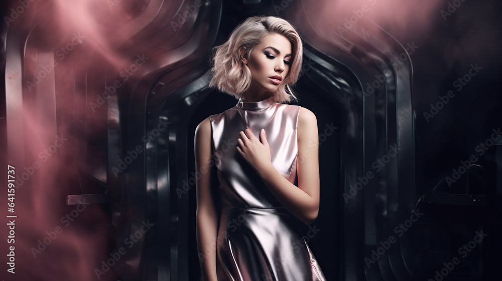 portrait of young caucasian female blond model posing in silver dress, fashion design backdrop 