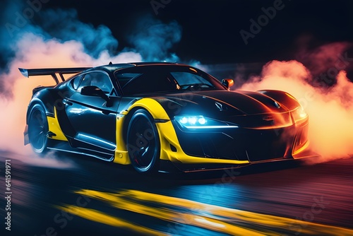 Drifting sports car wallpaper. Dark black background with smoke. Yellow luxury car in the smoke. Supercar in motion. Sports car drifting in smoke. Supercar in fog. © Janis