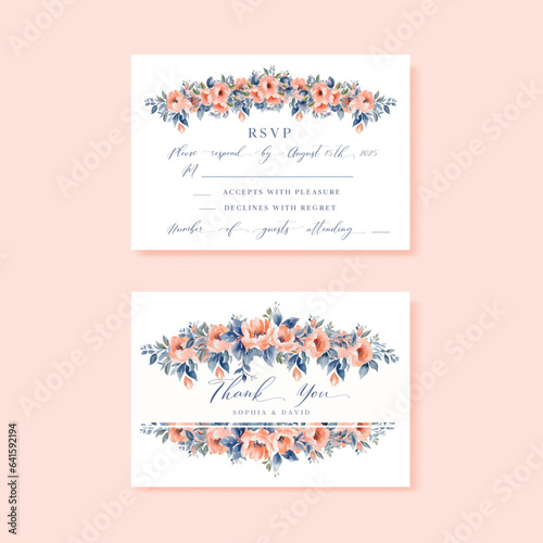 Wedding rsvp and thank you floral cards, design with vintage watercolor pastel flowers.