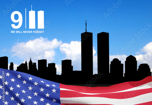 New York skyline silhouette with Twin Towers on background of sky. 09.11.2001 American Patriot Day banner. EPS10 vector