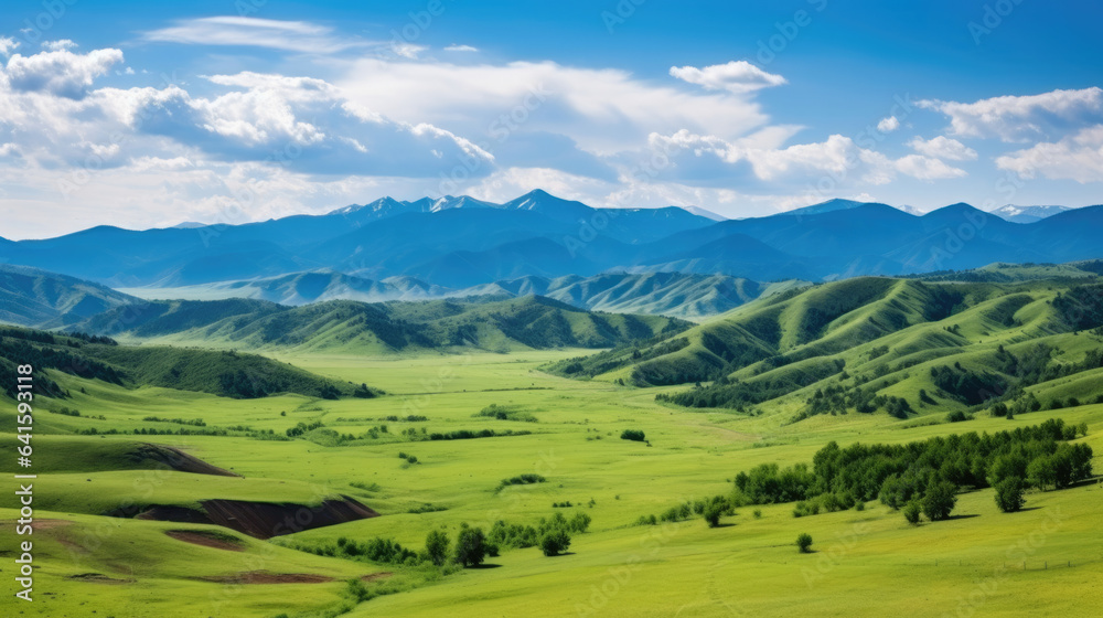 Sweeping vista landscape of the Assy Plateau, a large mountain steppe valley and summer pasture 100km from Almaty, Kazakhstan.