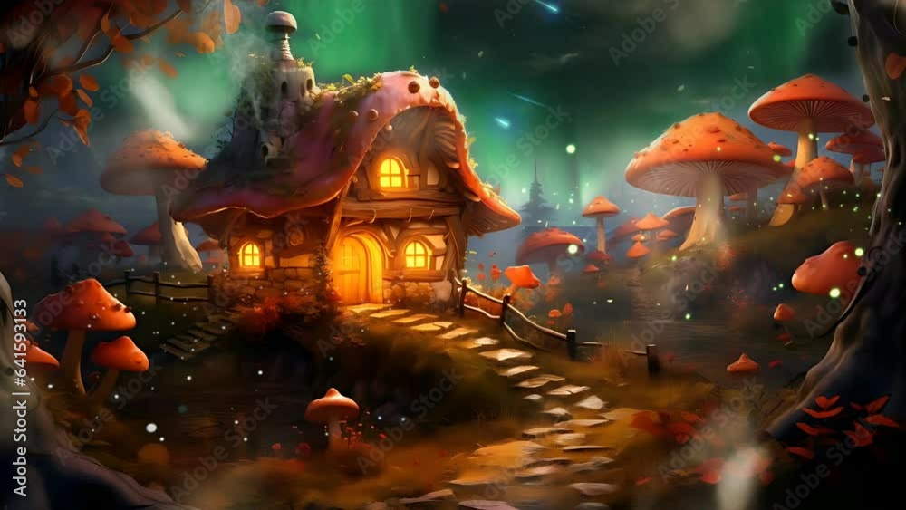 Fantasy dream fairytale night landscape. Mushroom house with fireflies and aurora sky. Seamless loop 4k animation