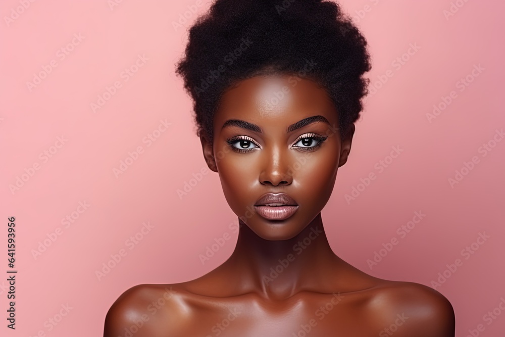 Beauty portrait of young african american woman on pink background.Generative Ai