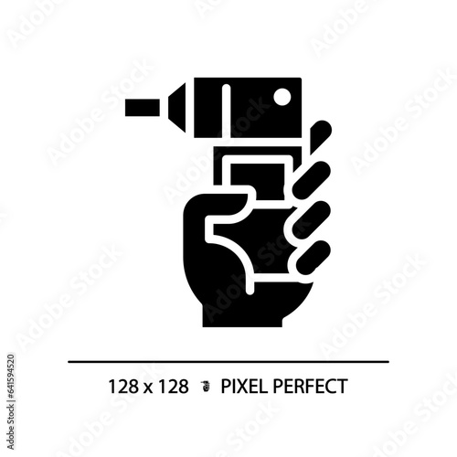 Spirometer pixel perfect black glyph icon. Breathing exercise. Respiratory disease. Lung function. Medical device. Silhouette symbol on white space. Solid pictogram. Vector isolated illustration