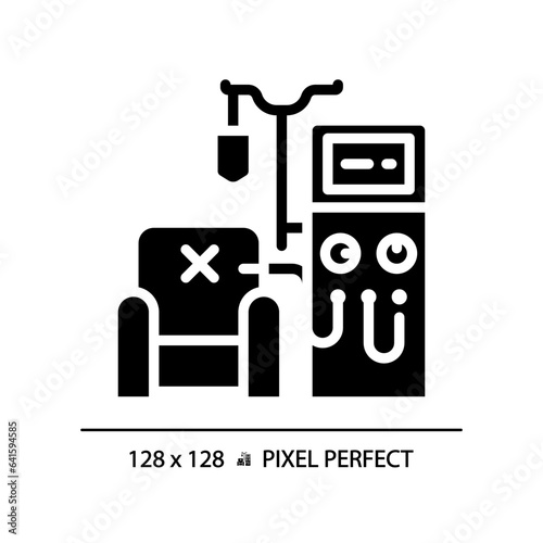 Dialysis machine pixel perfect black glyph icon. Kidney disease. Renal system. Medical procedure. Healthcare service. Silhouette symbol on white space. Solid pictogram. Vector isolated illustration