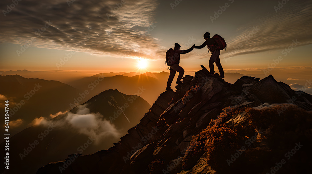 Hiker helping friend up a mountain at sunrise. People helping each other giving a helping hand to other hike up a mountain. Helps and team work concept - obrazy, fototapety, plakaty 