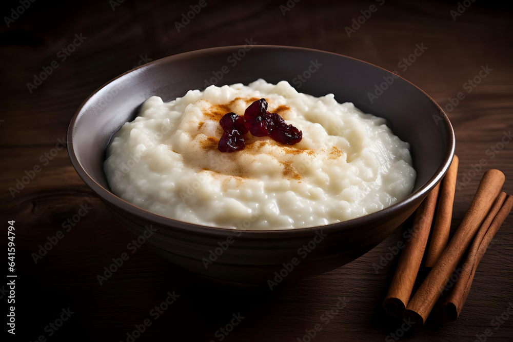 Creamy Rice Pudding, winter dessert served in a bowl Creamy Rice Pudding, winter dessert served in a bowl