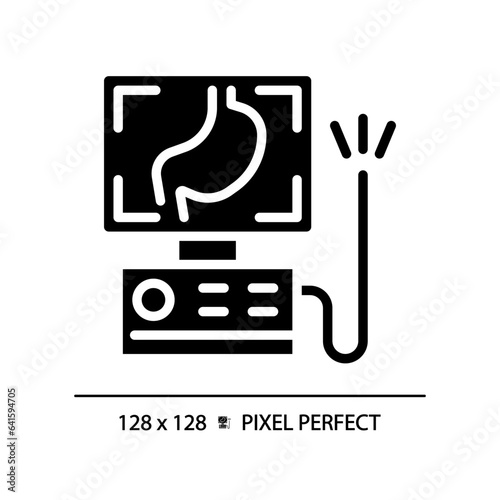 Endoscope pixel perfect black glyph icon. Medical tool. Flexible tube. Health diagnosis. Gastrointestinal system. Silhouette symbol on white space. Solid pictogram. Vector isolated illustration