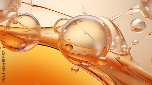 Golden oil bubbles in water against a light golden gradient backdrop